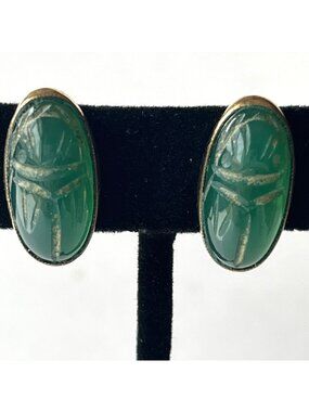 Vintage Scarab Beetle Screw Back Earrings 12K Gold Filled Green Egyptian Revival